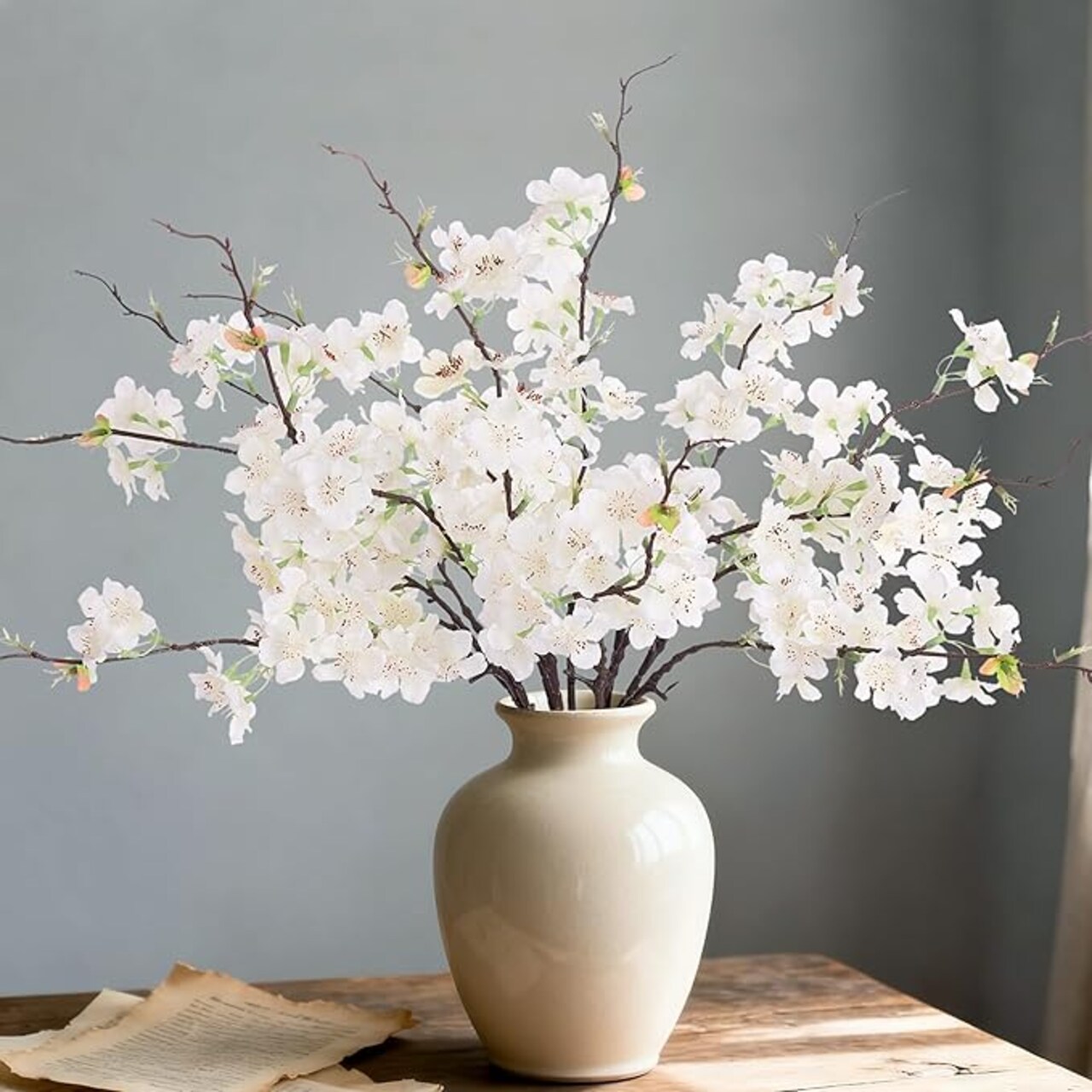 12 PCS Faux Cherry Blossom Branches Decor 18.11 Inch Fake Artificial Cherry Flowers for Home Indoor Decoration Vase Arrangement Table Living Room Bedroom Spring Decor